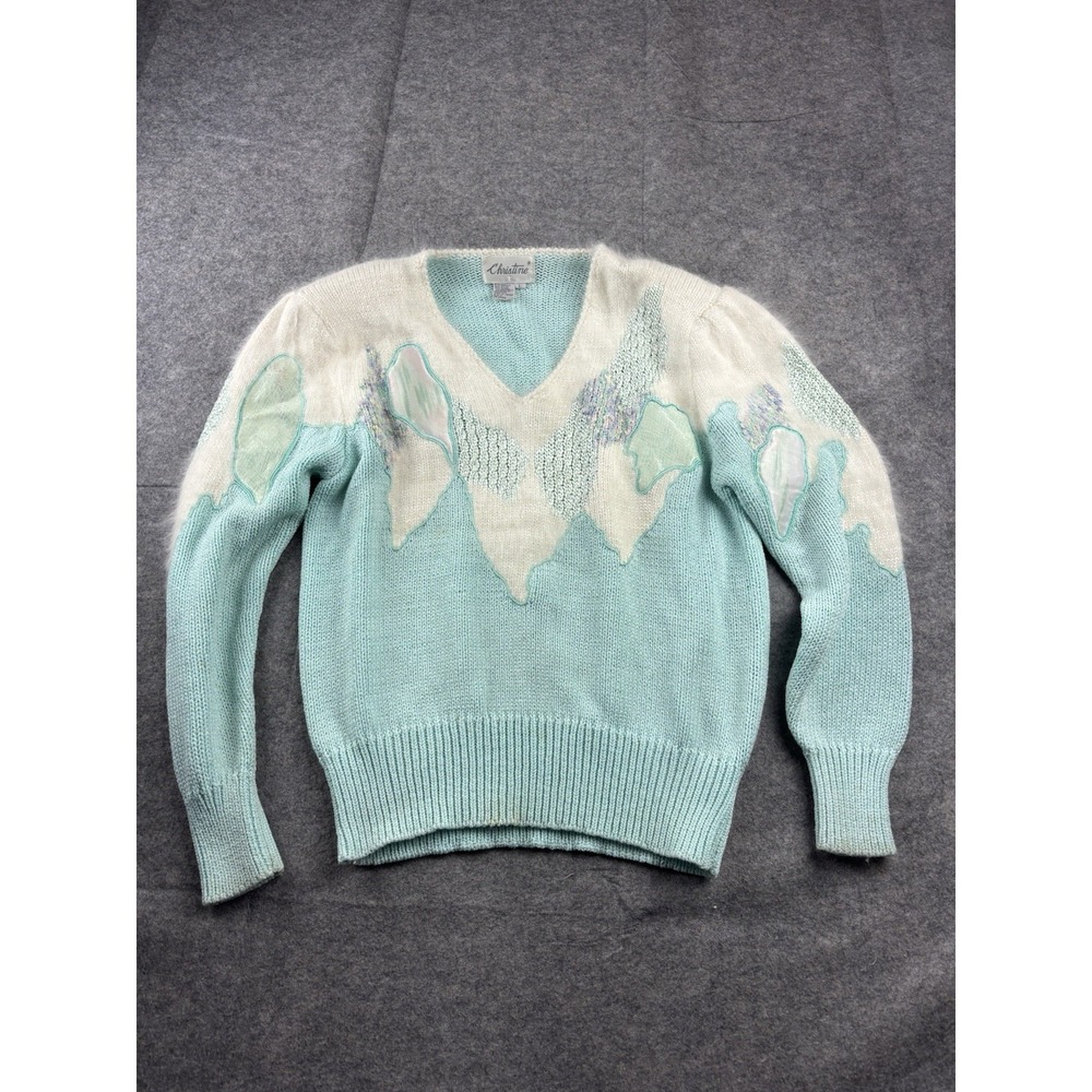 Christine VTG 80's Womens L Embellished Blue Patchwork V Neck Sweater Preppy SEE